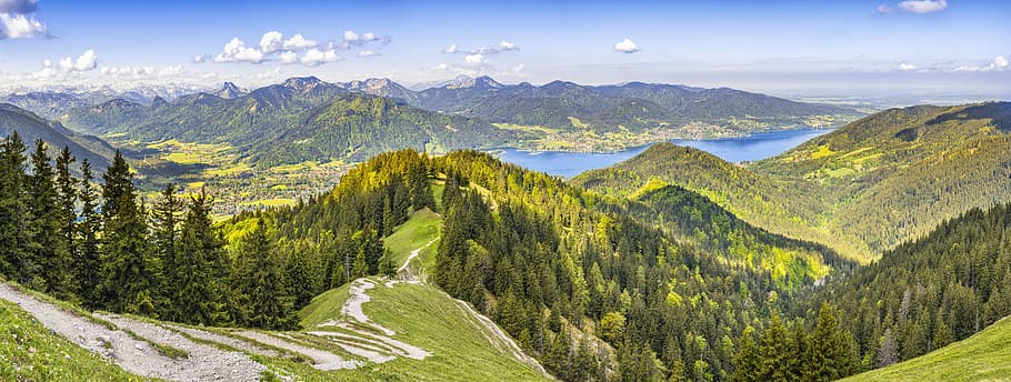 aerial, photography, trees, mountain, body, water, alpine, mountains, tegernsee, landscape