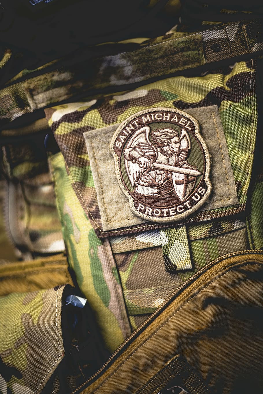 saint michael, protect, us, patch insignia, green, camouflage pants, patch, saint, michael, religion
