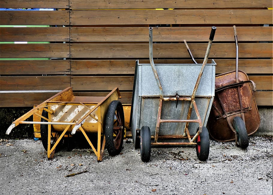 wheelbarrows, mature, wheel, transport, stainless, old, thrust car, wagon, vehicles, gardening