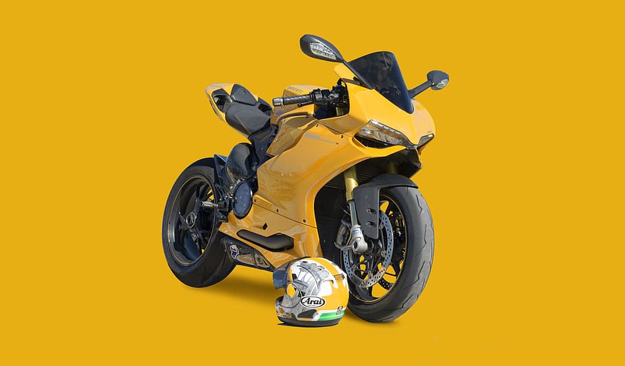 kuning ducati panigale, sepeda motor, sepeda, motor, transportasi, mesin, kecepatan, roda, helm, kekuatan