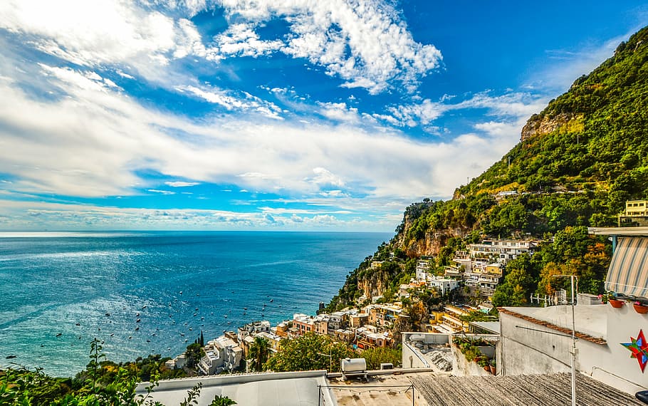 houses, sea, blue, sky, amalfi, coast, sorrento, positano, italy, mediterranean