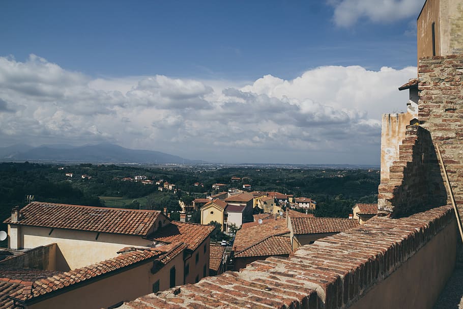 Itália, Panorama, Modo de exibição, Toscana, Lari, paisagem, nuvens, céu, cênico, verão