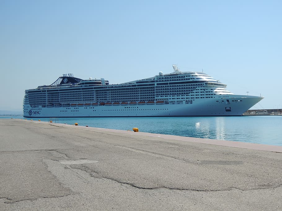 white, cruise ship, blue, body, water, greece, olympia, sea, cruise, boat