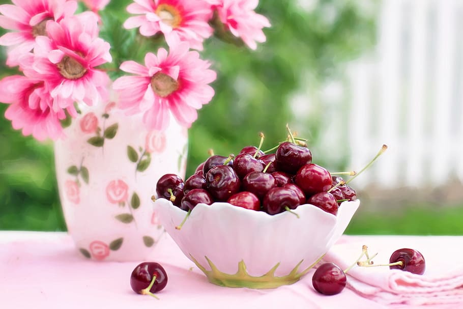 cherry, white, ceramic, bowl, cherries in a bowl, fruit, summer, breakfast, food and drink, healthy eating