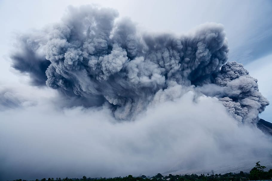 volcano, explosion, nature, eruption, smoke, trees, cloud, sky, smoke - physical structure, erupting