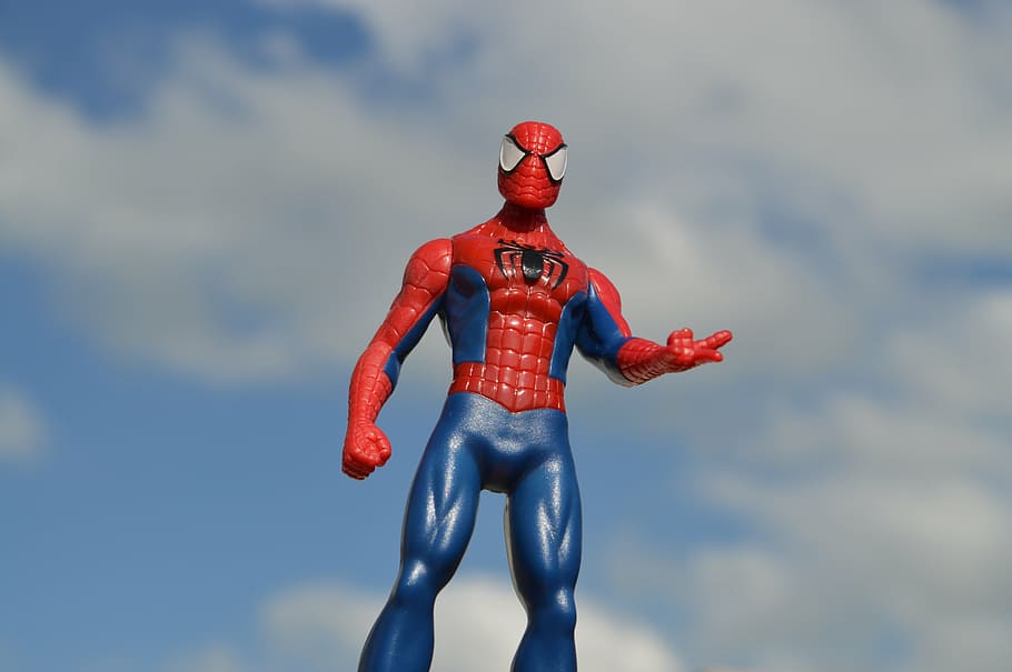 spider-man action figure, blue, white, cloudy, sky, spiderman, superhero, hero, comic, action figure
