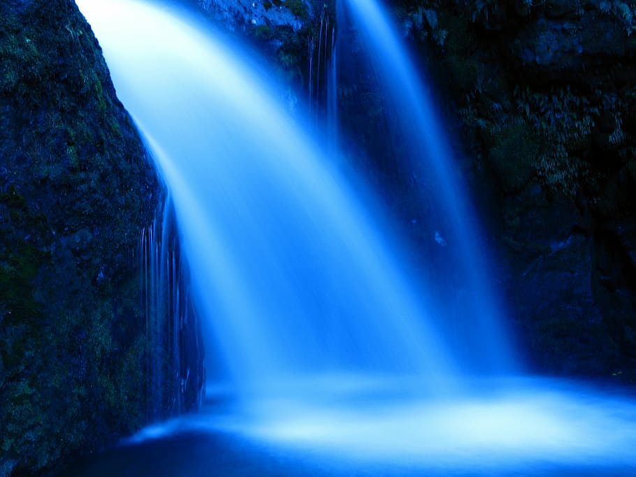 waterfall, inside, cave, night time, water, river, nature, blue, stream, scenics - nature