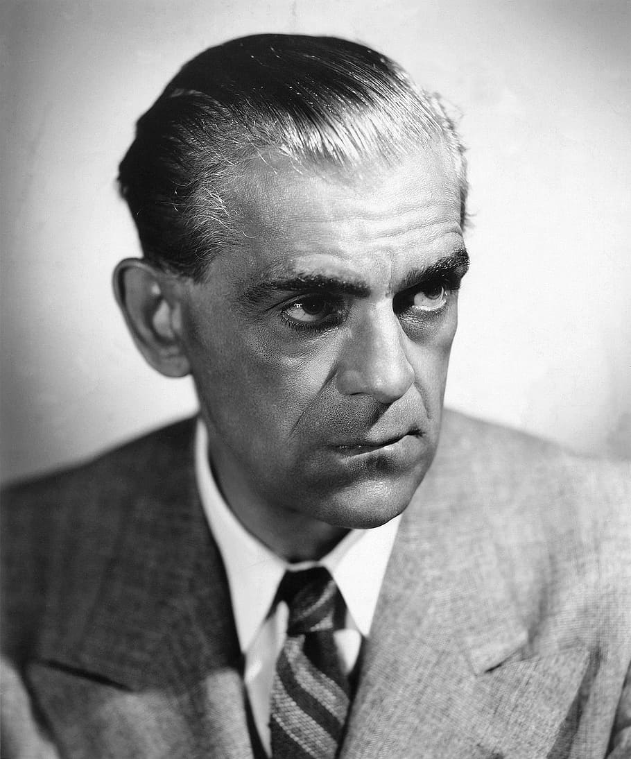 boris karloff, actor, frankenstein, monster, vintage, movies, motion pictures, monochrome, black and white, pictures