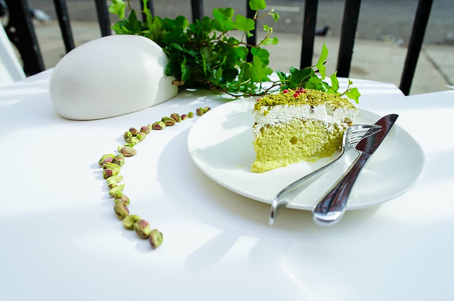matcha cake, plate, cake, food, dessert, sweets, bakeshop, green, leaf, plant