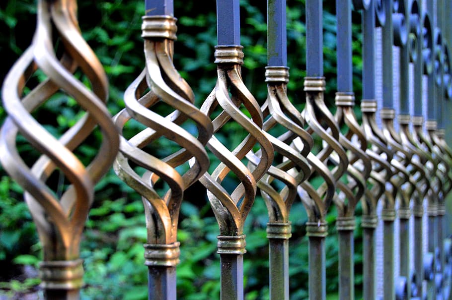 focus photo, gray, black, metal gate, iron gate, wrought iron, cemetery, goal, metal railings, ornament