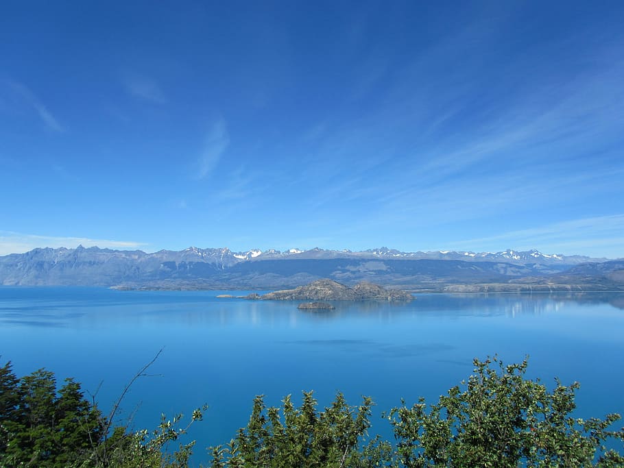lago general carrera, lake, chile, mountains, blue, cirrus clouds, clouds, distant view, beautiful, wide