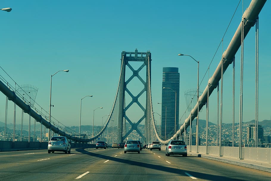 vehicle, passing, suspension bridge, blue, sky, daytime, cars, concrete, bridge, road