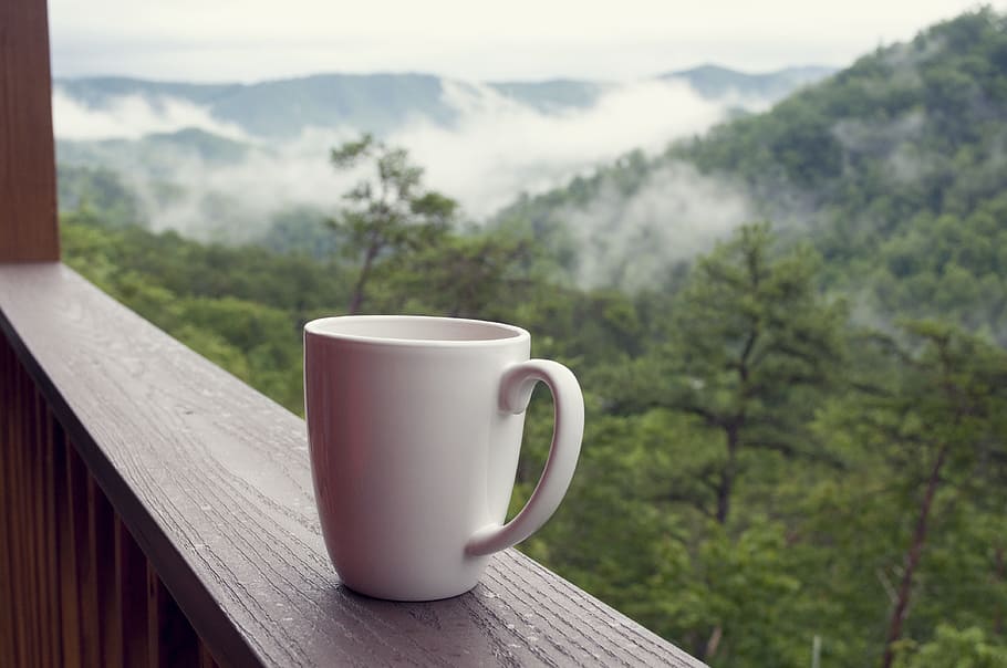 white ceramic mug, smoky mountains, coffee, nature, vacation, relax, beverage, travel, relaxation, cup
