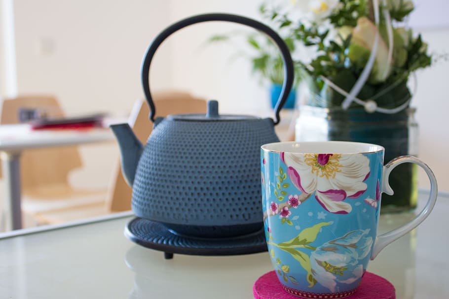 blue, white, mug, kettle, teapot, cup, porcelain, tableware, tea, tee