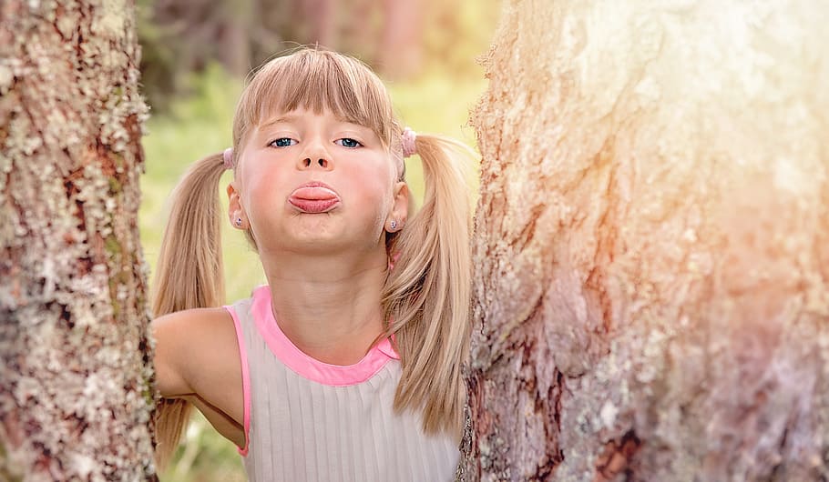 girl, tree, forest, daytime, person, human, child, blond, braids, face