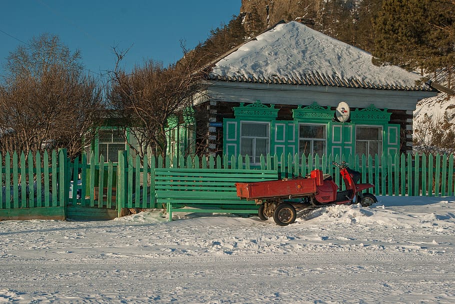 lake baikal, wooden house, closing, old house, architecture, transportation, building exterior, built structure, nature, snow