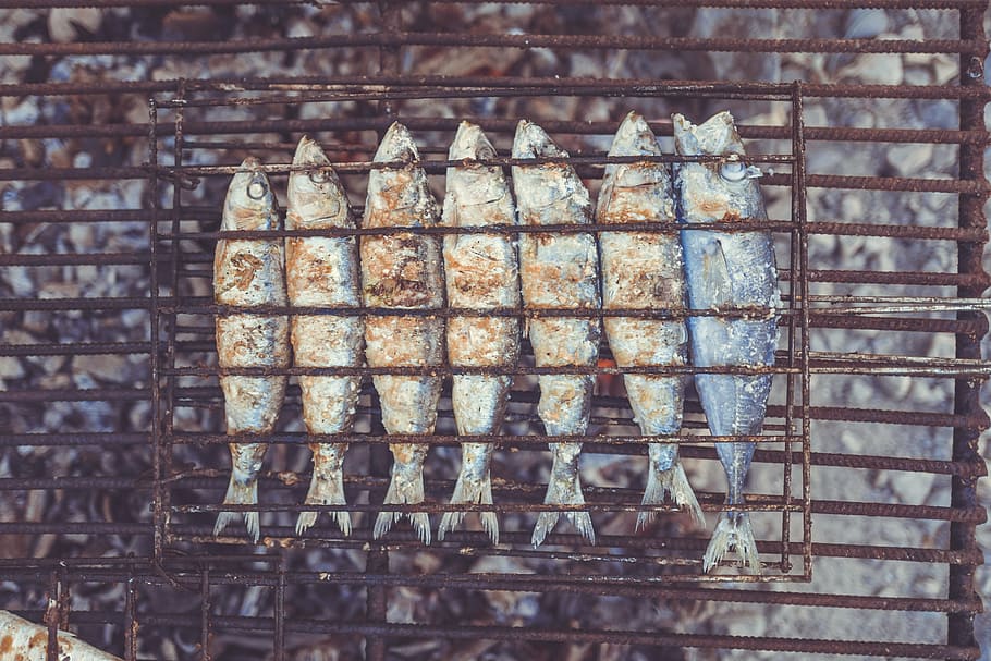 piled grilled fish, seven, grilled, fish, food, window, built structure, architecture, building exterior, day