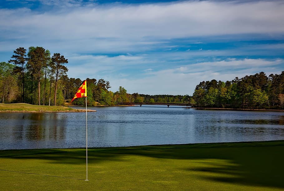 golf course, lake, daytime, grand national golf course, opelika, alabama, landscape, scenic, sky, clouds