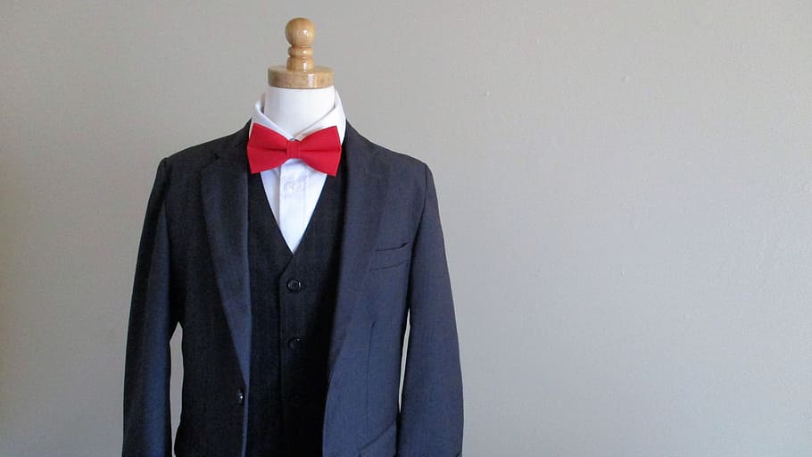 blue, suit jacket, red, bow tie, white, dress shirt, dress form, wall, red bow tie, blue suit