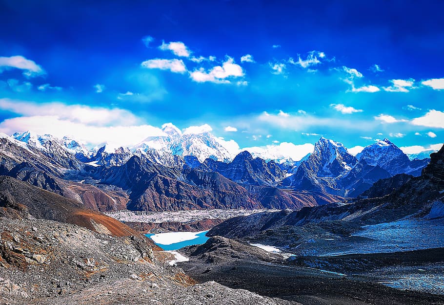 acampamento base do everest, montanha, everest, nepal, trekking, montanhismo, paisagem, natureza, céu, nuvens