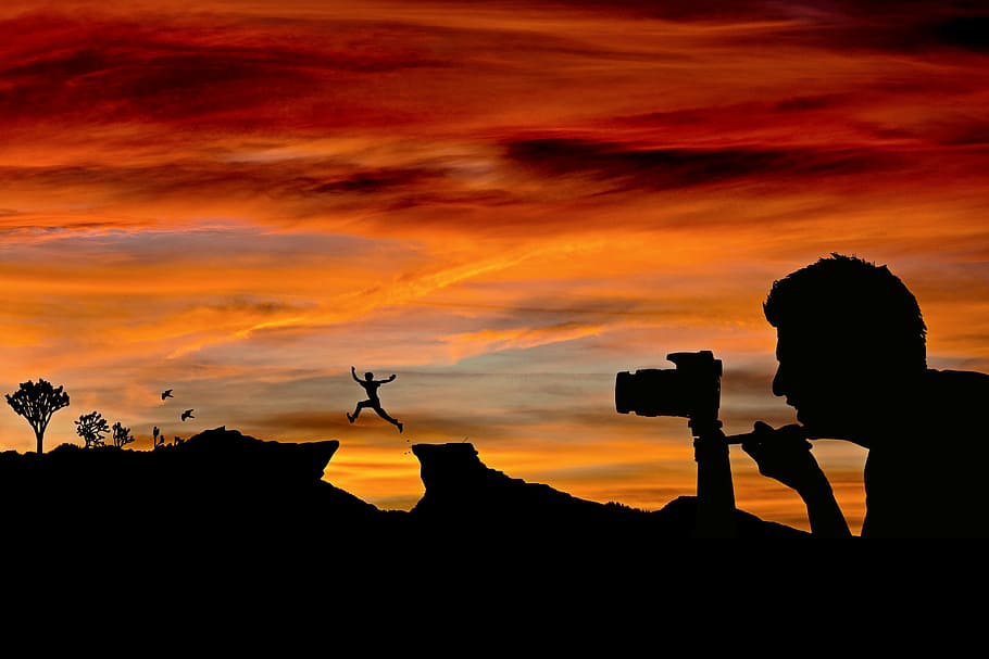 silhouette, man, using, camera, sunset, photographer, photo shoot, photograph, jump, courageous
