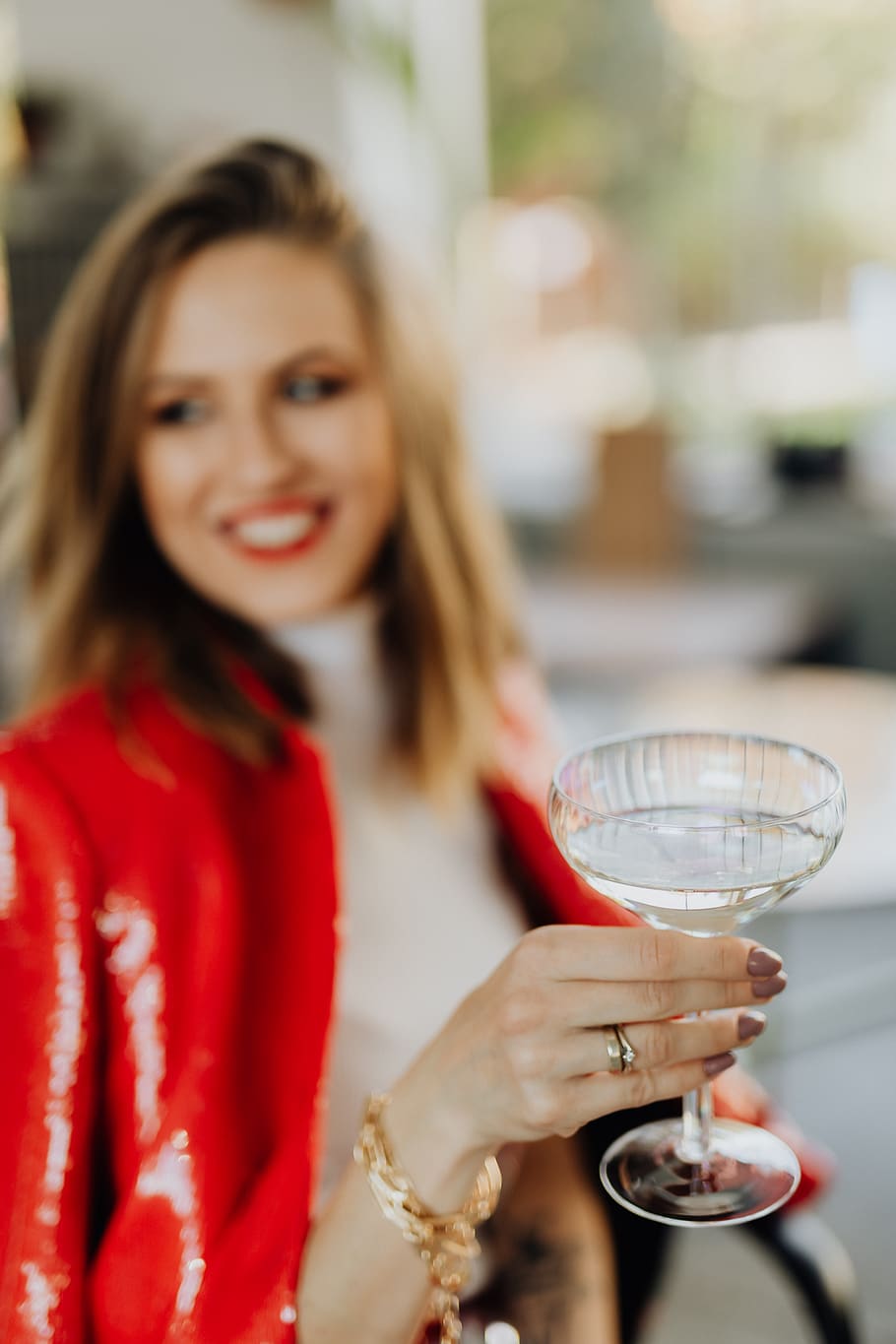 glass, red, woman, suit, cheers, celebration, tshirt, blond, happy, adult