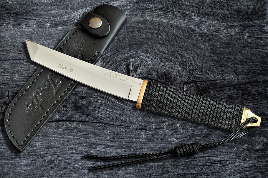 black, paracord, handled, knife, holster, surface, tanto, sharp, weapon, wooden board