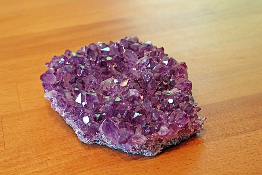 purple gemstone, amethyst, crystal, gem, purple, violet, chunks of precious stones, table, close-up, food and drink