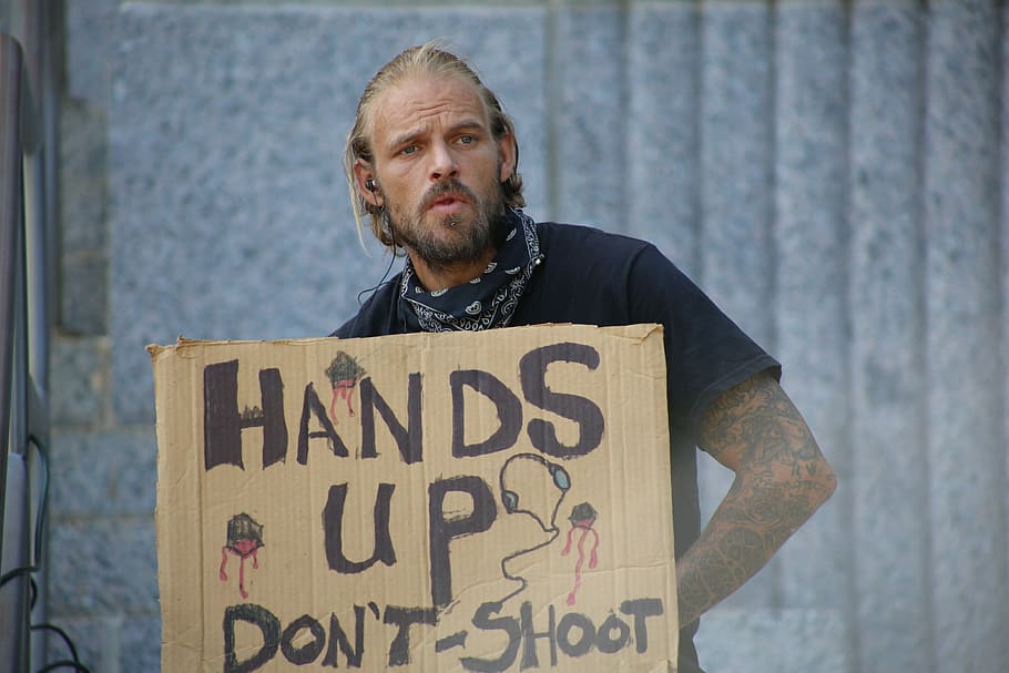 man, holding, hands, shoot, signage, holding hands, hands up don't shoot, protest, outside, scruffy