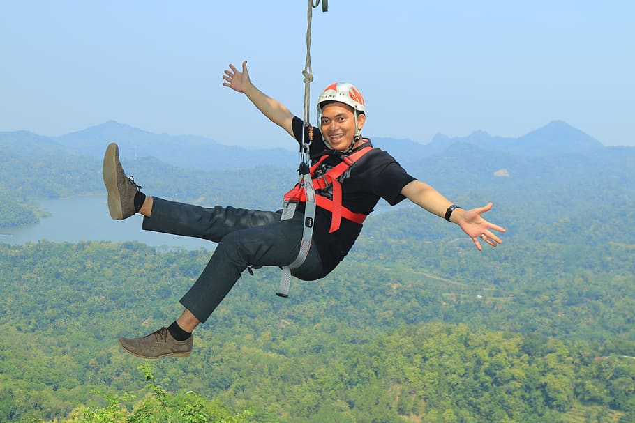 flying fox, brave, explore, high, save, mountain, lake, view, adrenalin, casual