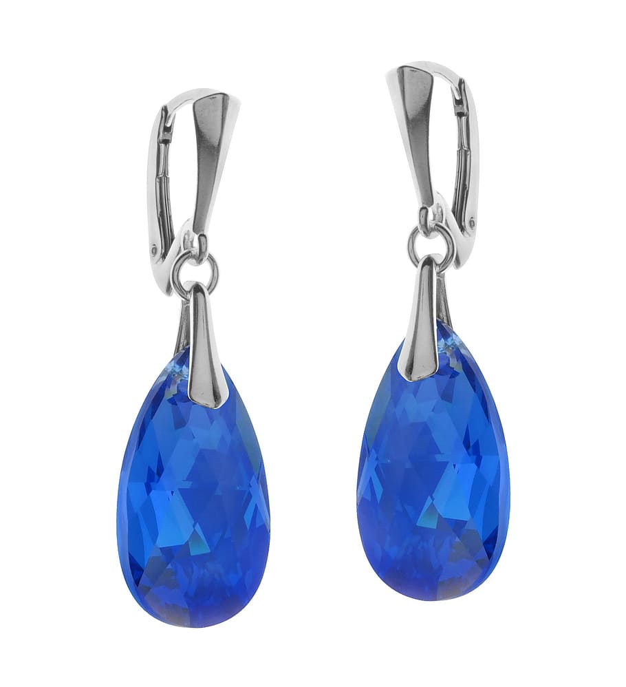 earrings, silver, sapphire, miracle, nice earrings, white background, blue, cut out, studio shot, indoors
