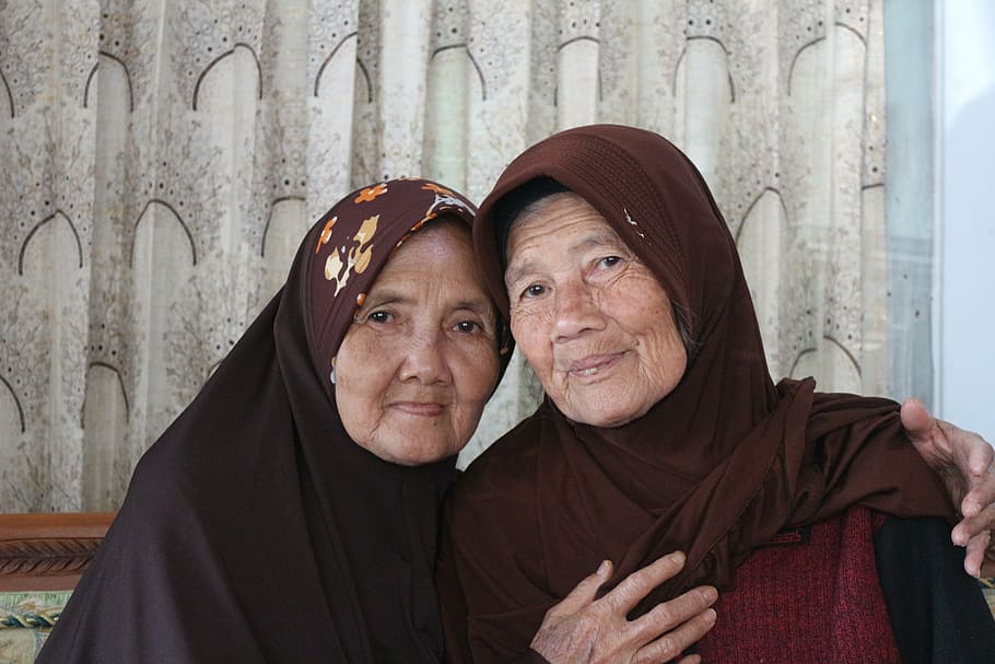 two, woman, sitting, wearing, hijabs, grandmother, mother, old, face, people