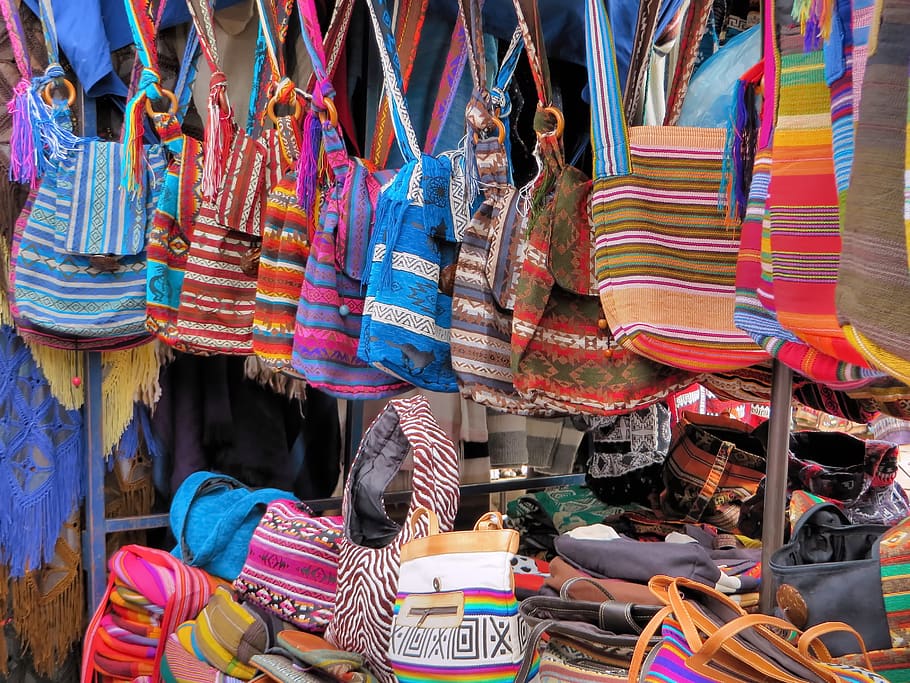 ecuador, otavalo, mercado, bolsa, étnico, tradicional, artesanía, color, multicolor, venta minorista