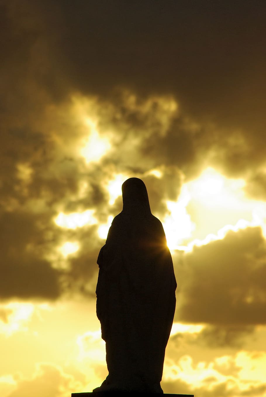 silhouette, mother mary statue, cloudy, sky, virgin, mary, cloud - sky, sunset, one person, nature
