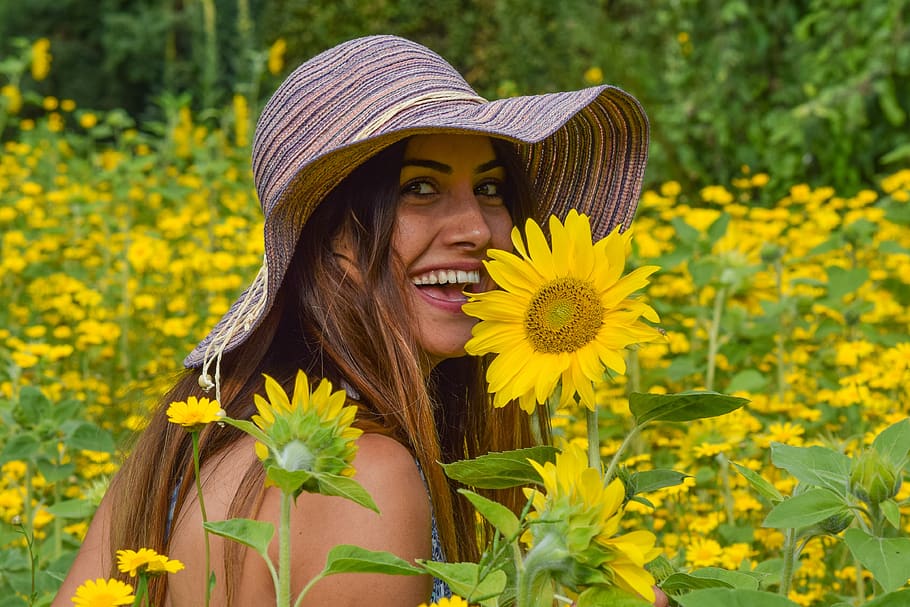 woman, people, flowers, summer, smile, sunflower, hat, model, luck, yellow