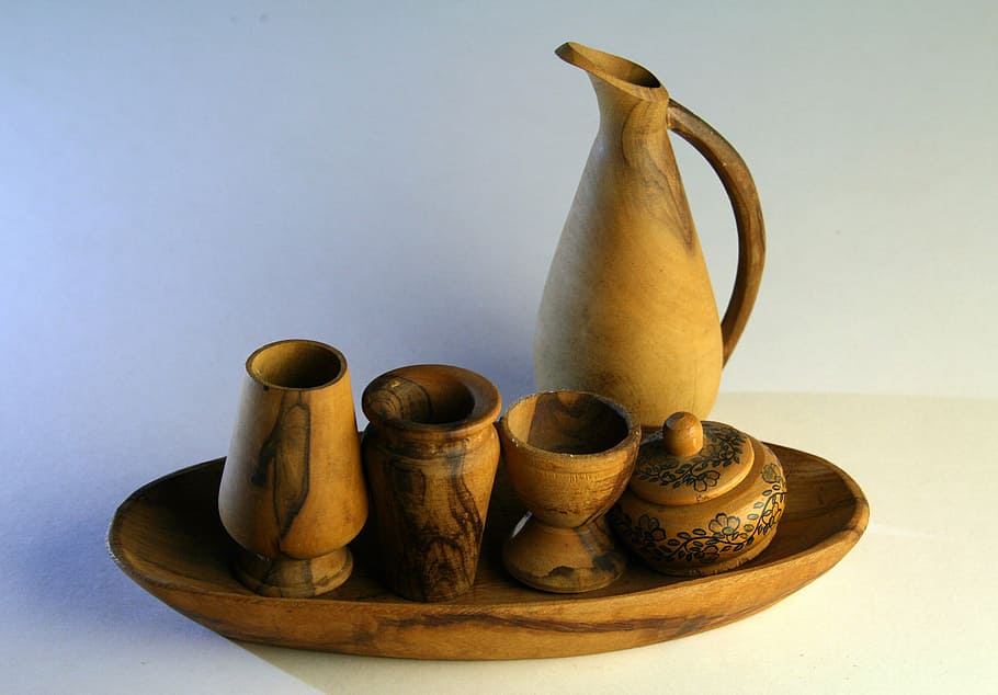 wooden ornaments, ornaments, wood, olive, vessels, miniature, jug, pottery, pitcher, cultures