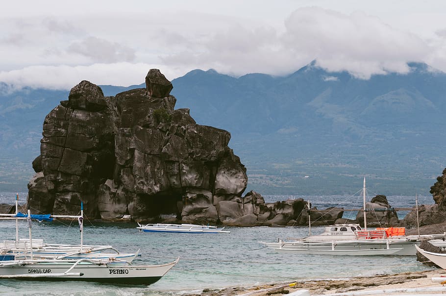 boats, rock formation, three, near, rock, formation, daytime, mountain, clouds, boat