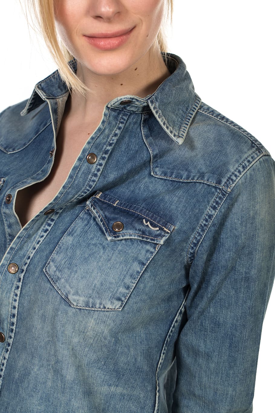 woman, wearing, blue, denim button-up jacket, Model, Fashion, Clothes, Style, Genre, exposure