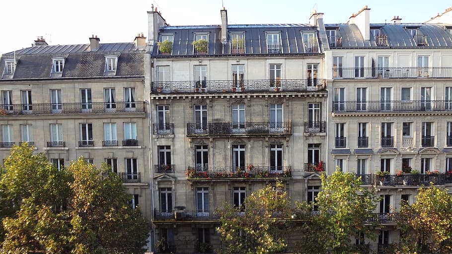 fachada, ventanas, edificio, París, arquitectura, casa, escena ...