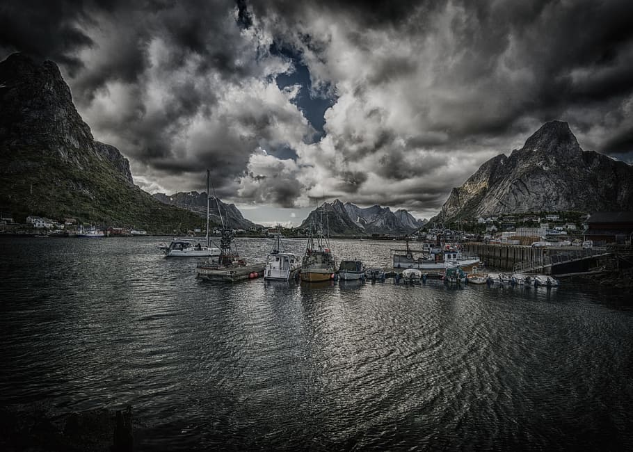 lofoten, norway, water, boats, port, hdr, clouds, mountains, cloud - sky, sky