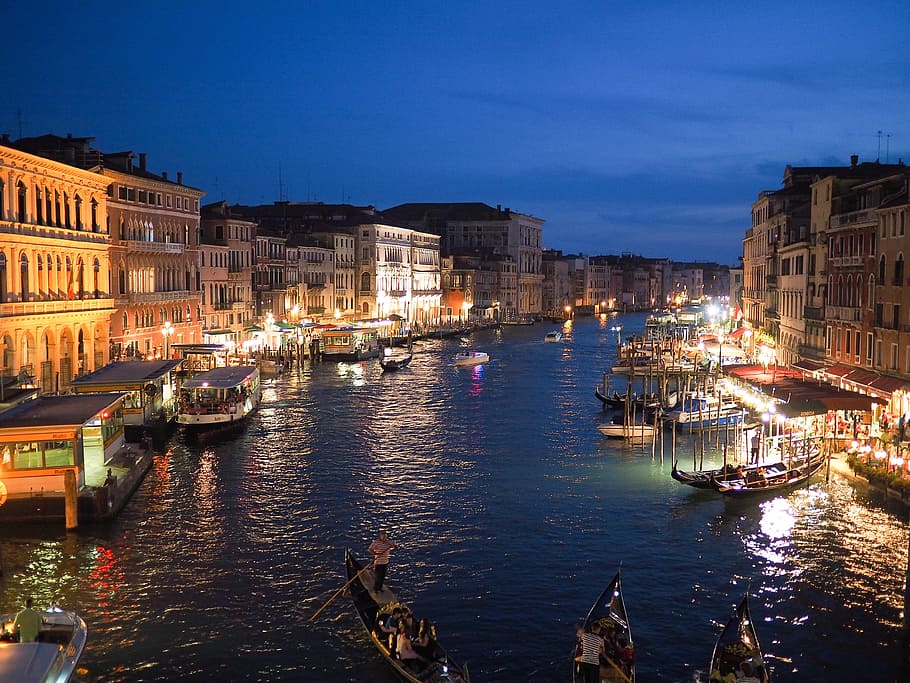 foto, gran, canal, noche, Venecia, Gran Canal, Italia, Europa, iluminado, barcos