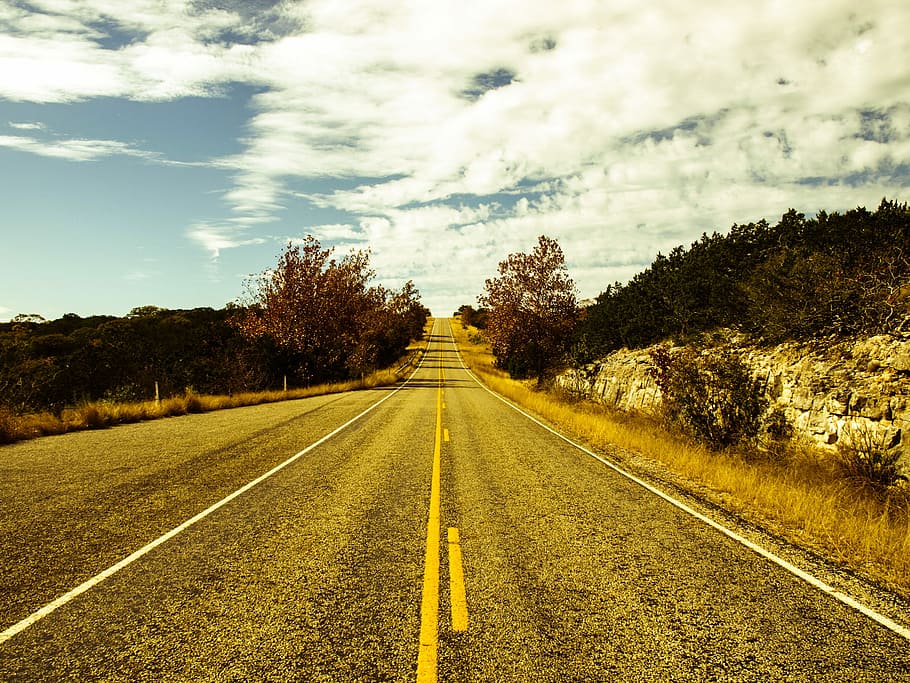 Carretera, asfalto, árboles, Texas, paisaje, viaje, autopista, dom, destino, nubes