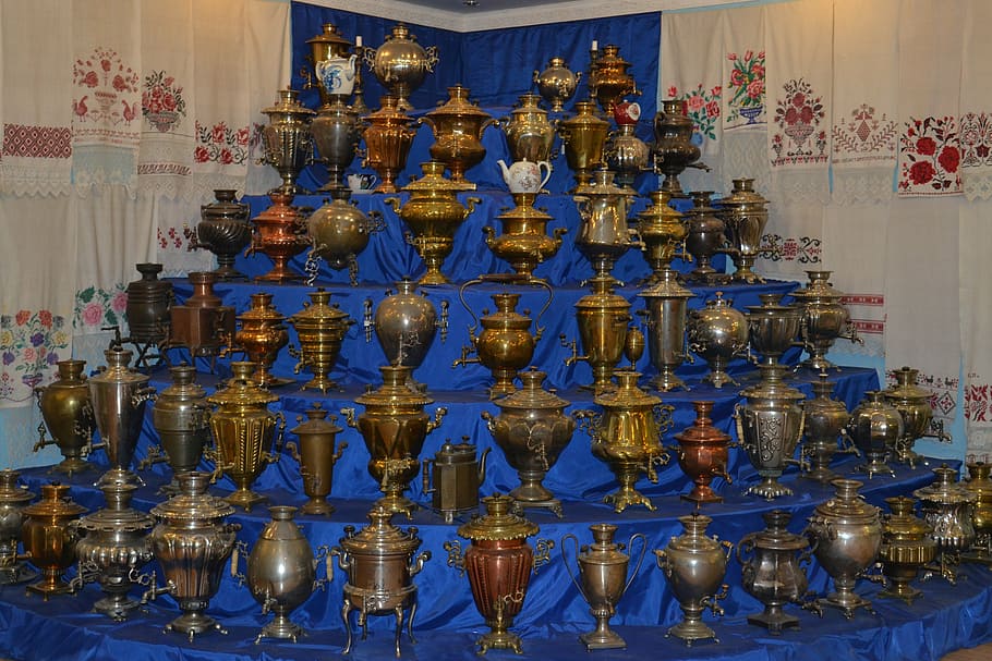 samovars, museum, kasimov, tea, large group of objects, indoors, belief, religion, abundance, spirituality