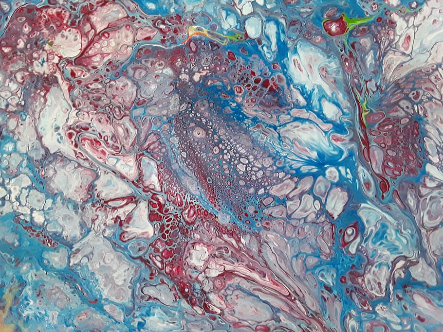 multicolored abstract painting, red, white, blue, macro, fluid, paint, flow, art, pour