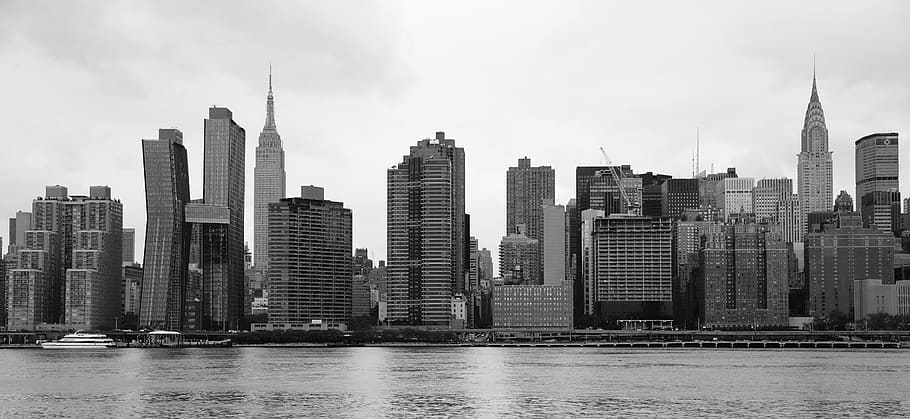 회색조 사진, 도시, 뉴욕, 지평선, 이스트 리버, 건물, 물, 마천루, 블랙 화이트, 맨해튼