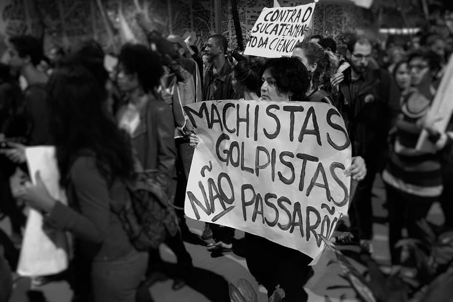 manifestation, rio de janeiro, impeachment, out fear, text, communication, protest, western script, protestor, group of people