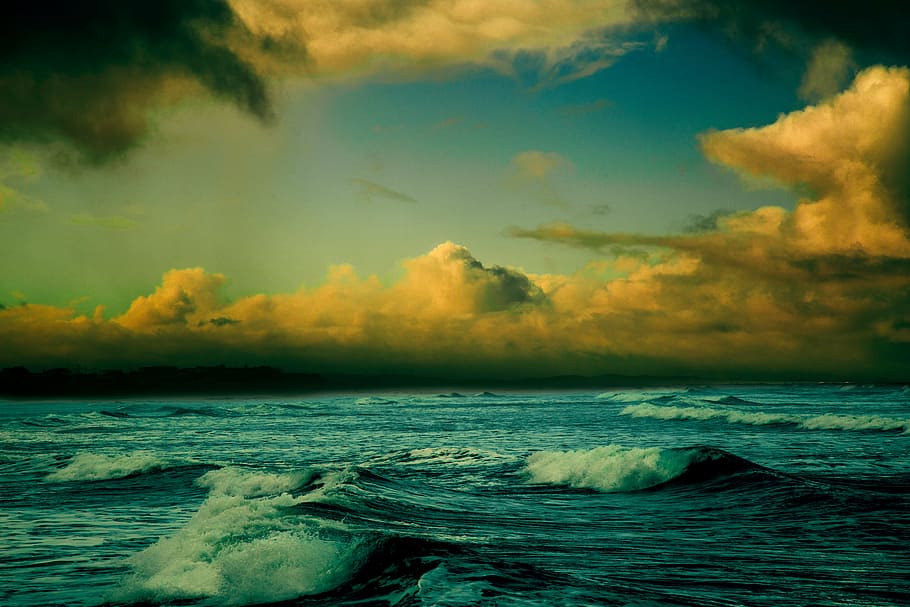 海, 白, 青, 曇り, 空の絵, 波, 空, 水, 雲, 嵐