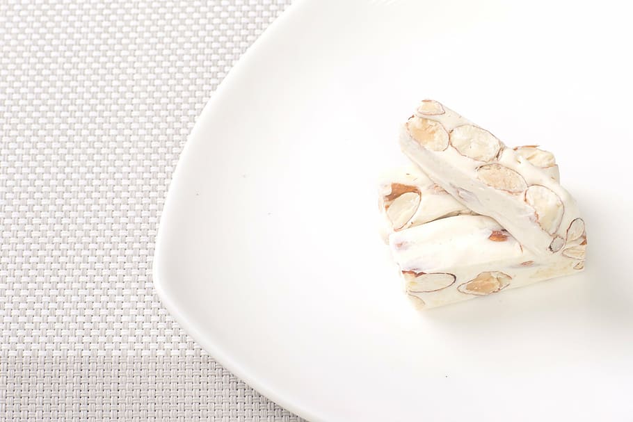 almond, nougat, dim sum, white background, studio shot, indoors, close-up, day, food, food and drink
