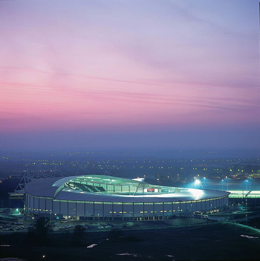setelah, bukit, Stadion KCOM, Kingston, Inggris, arena, senja, foto, kingston di atas bukit, lampu