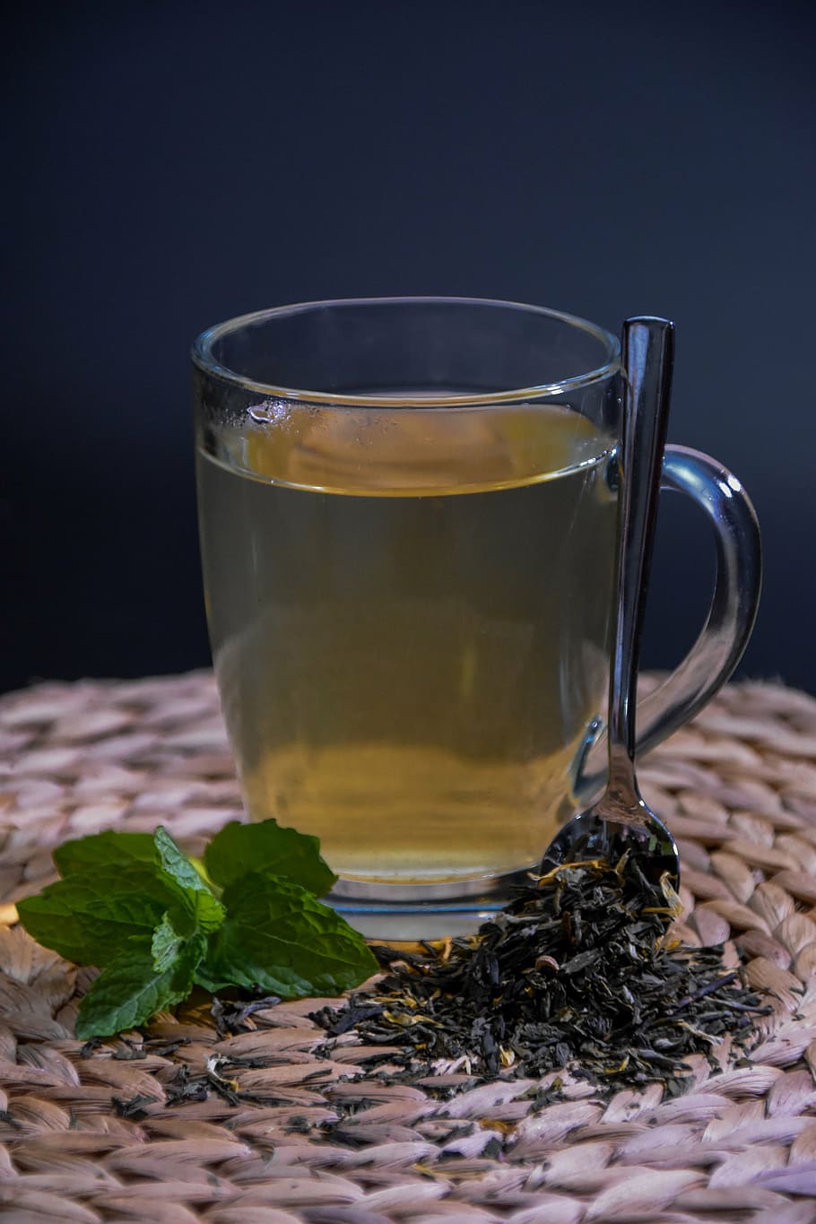 tea, mint, herbs, cup, aromatic, plant, foliage, dry leaves, loose tea, yellow